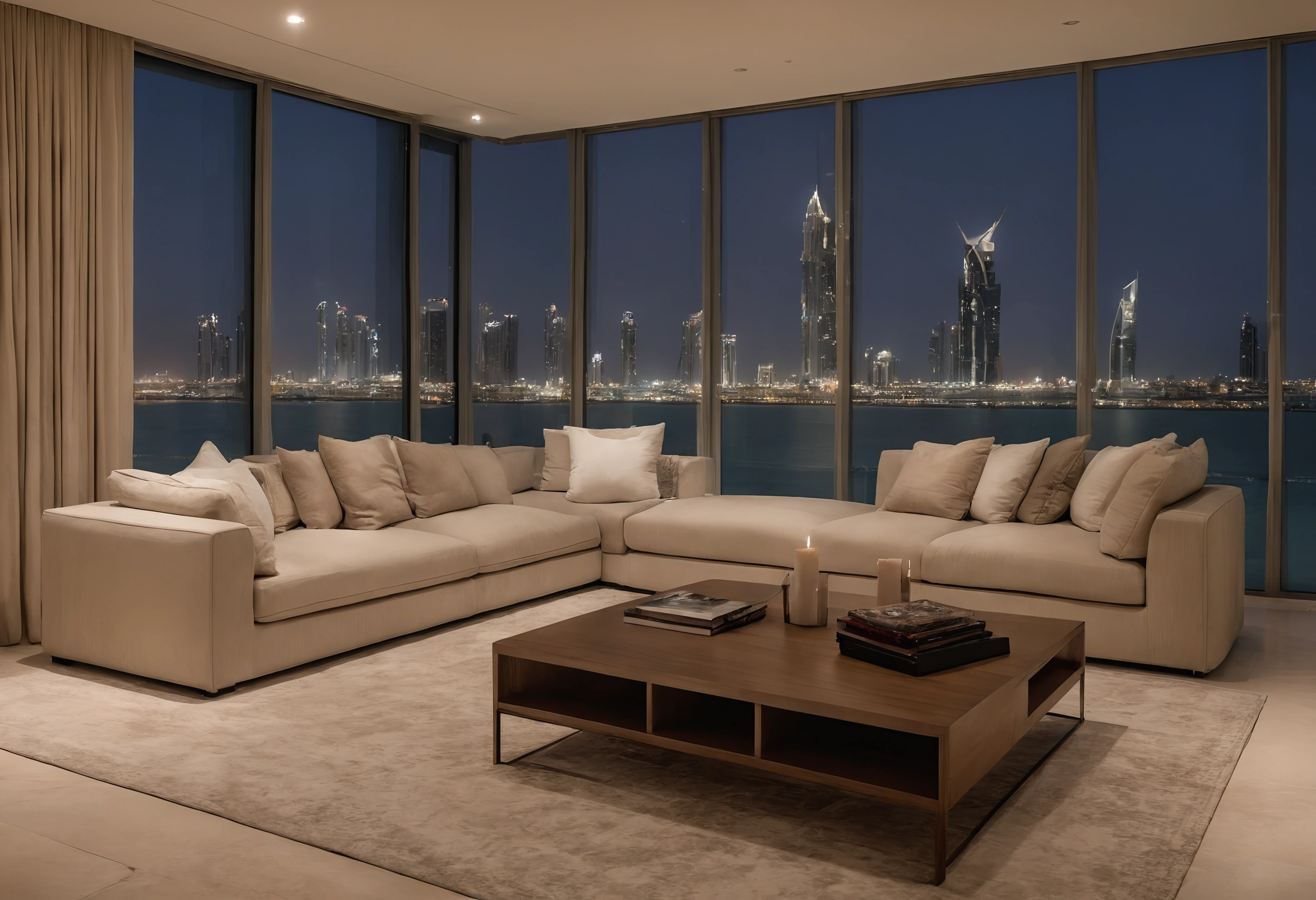 Apartment living room with a beige modular sofa and walnut coffee table in front of floor-to-ceiling glass at dusk