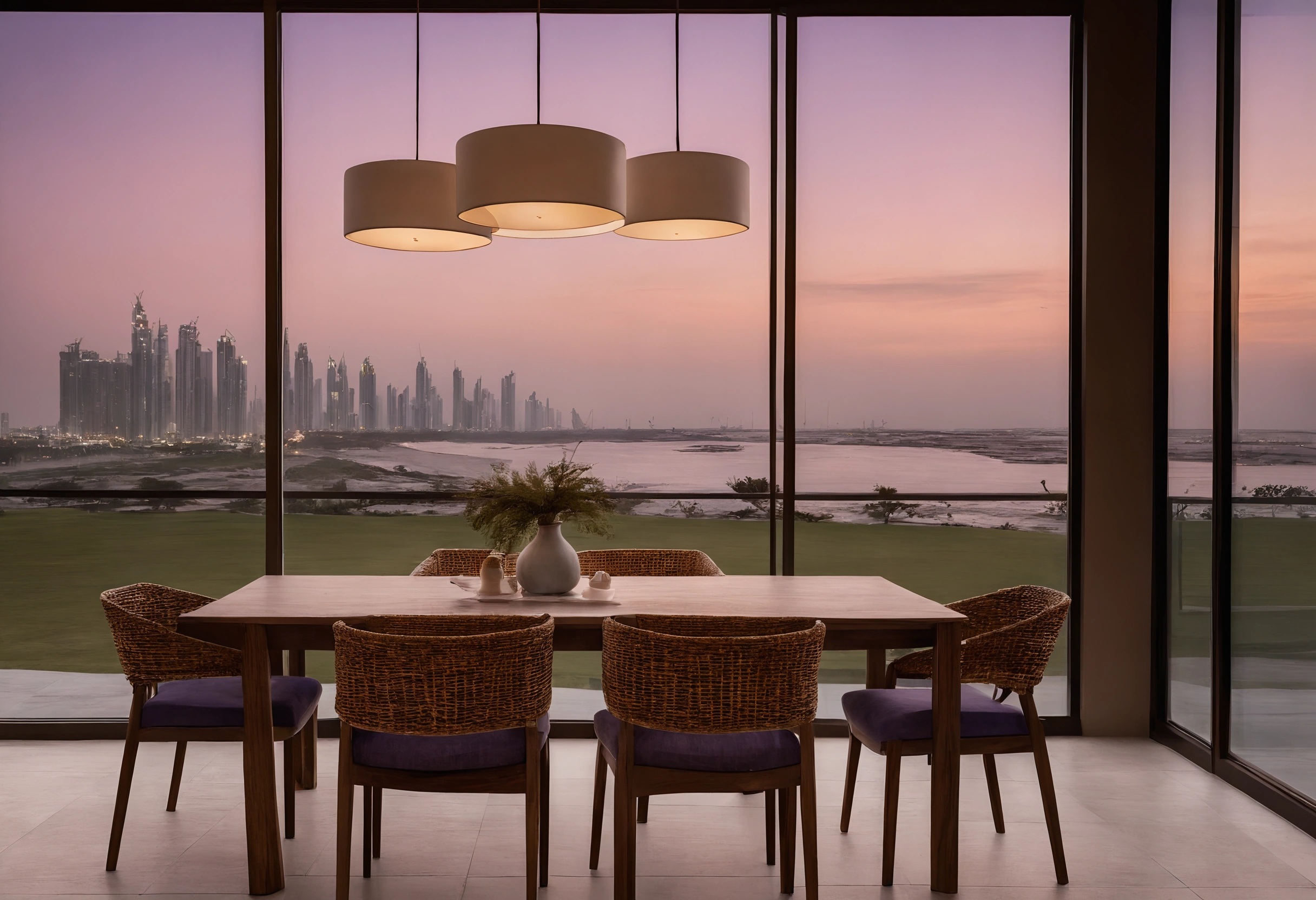 Dining table with rattan-backed chairs and drum pendants by a glass wall over a lawn at sunset